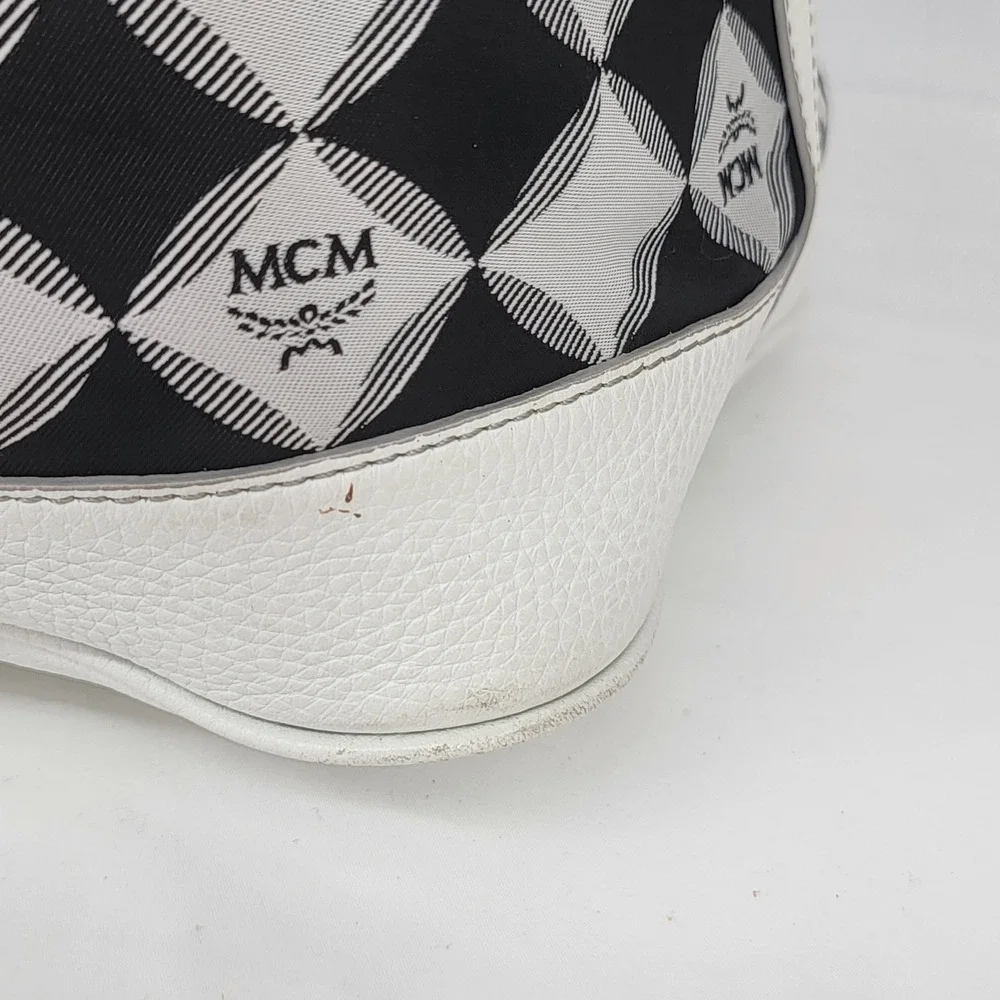 MCM Harlequin Diamond Logo Tote Bag White Leather Trim Black White T5607
